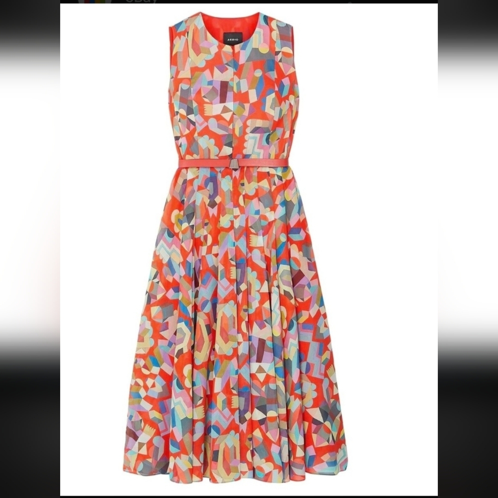 Akris Punto Multicolor Geo Print Sleeveless Fit-and-Flare Dress size 14